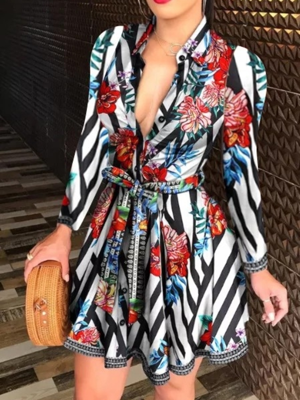 Floral Stripe Fit-and-Flare Dress in Black & White with Multicolor Florals